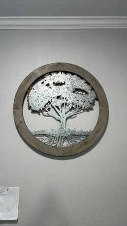 Round Tree of Life Wall Plaque Wood & Metal Brown/Silver Rustic 3D Painted