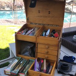 Huge Wood SaltwaterTackle Box measures 12”X 15” x 16” Loaded with Jigs,Rapala ,Fighting Belts and More