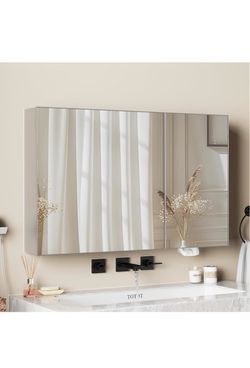 New in the box Koestem 36 x 24 Silver Medicine Cabinet, Aluminum Mirror Medicine Cabinet for Bathroom, Pre-Assembled Recessed/Surface-Mounted Medicine