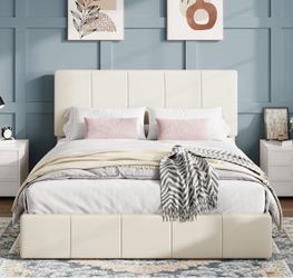 Queen Size Bed Frame, Velvet Upholstered Platform Bed, Cream