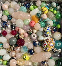 Assorted mixed beads in pink, green, blue, yellow and neutral tones. Perfect for custom jewelry making and creative projects. High-quality glass and s
