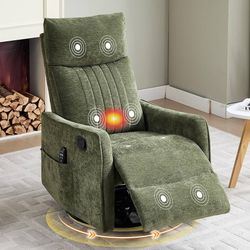 Manual Swivel Rocker Recliner Chair for Adults, Overstuffed Glider Chair for Nursery with Massage and Heat, Living Room Reclining Chair, Fabric Green