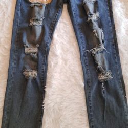 Men's Fashionable Denim Blue Jeans Straight Leg Ripped Rugged Bear Pattern Cotton SZ:32