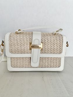 White Faux Leather and Straw with Gold Hardware Crossbody Purse Bag 