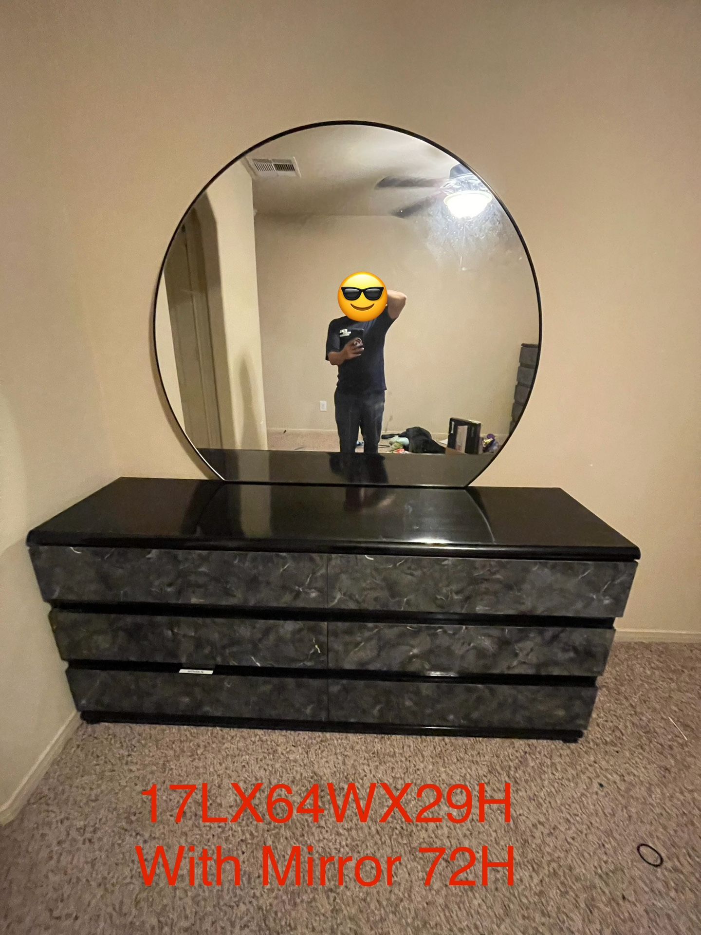 Dresser, mirror, and chest