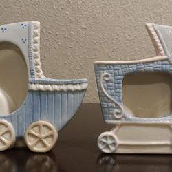 5 1/2" H Ceramic Baby 👶 Blue Stroller Carriage Bassinet Picture Photo Frame