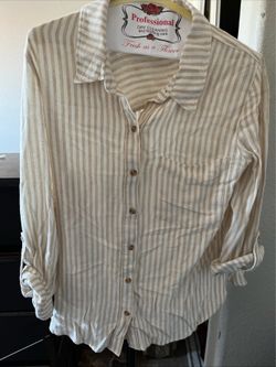 Becool Women's Size M/L Fitted Spring Button Down Shirt White & Brown Striped