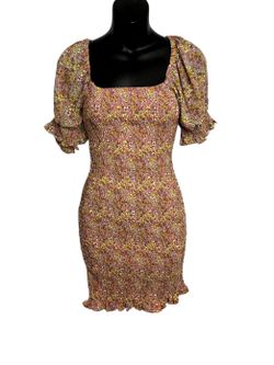 Forever 21 Women's Small Floral Square-Neck Smocked Puff Sleeve Mini Dress