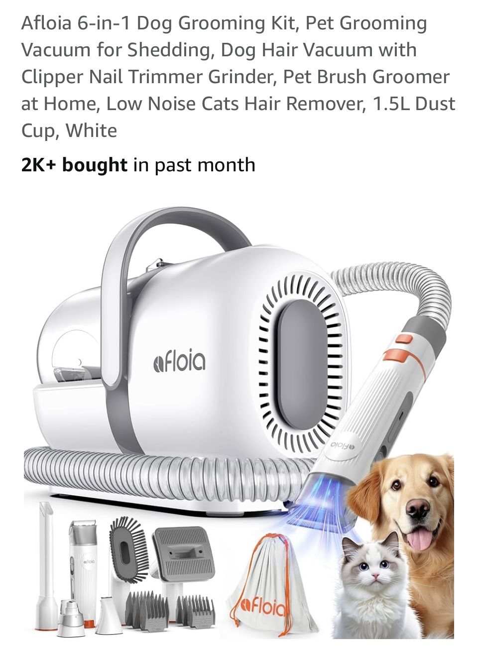 Afloia 6-in-1 Dog Grooming Kit, Pet Grooming Vacuum for Shedding, Dog Hair Vacuum with Clipper Nail Trimmer Grinder, Pet Brush Groomer at Home, Low No