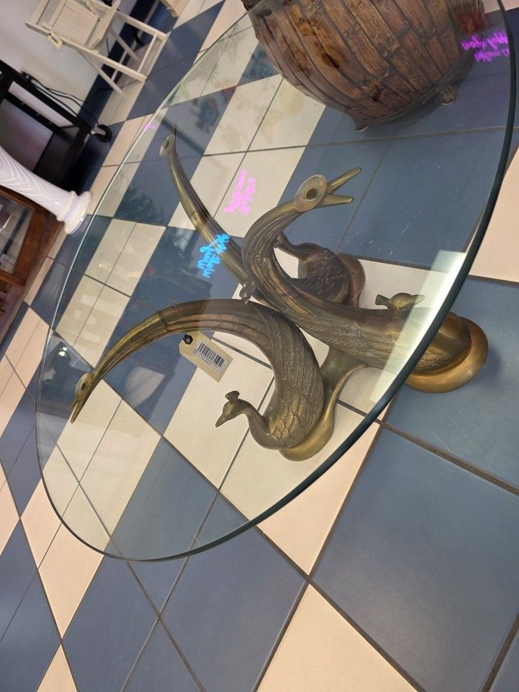 Vintage Brass And Glass Peacock Table