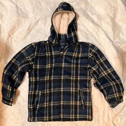 ELEVANI Boy’s blue and gray plaid coat with fur on inside, size 12