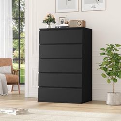 Black Dresser, 5 Drawer Dresser Tall Black Drawer with Large Storage Space, Modern Chest of Drawers, 23.6L x 17.6W x 39.1H Inch Storage Organizer Cabi