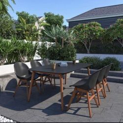 *BRAND NEW* 9 Piece Patio & Outdoor 100% FSC Solid Teak Finish Rectangular Table With White Chair Dining Set