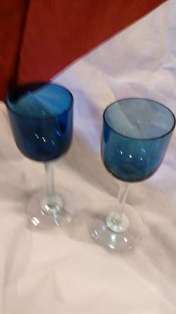 2 Set Ocean Blue Crackled Glass footed Pedestal Candle holders goblets