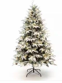 7 ft. PreLit Snowy Green Branches Artificial Christmas Tree with Metal Stand