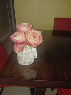 Faux Pink Rose Arrangement in White Ceramic Vase