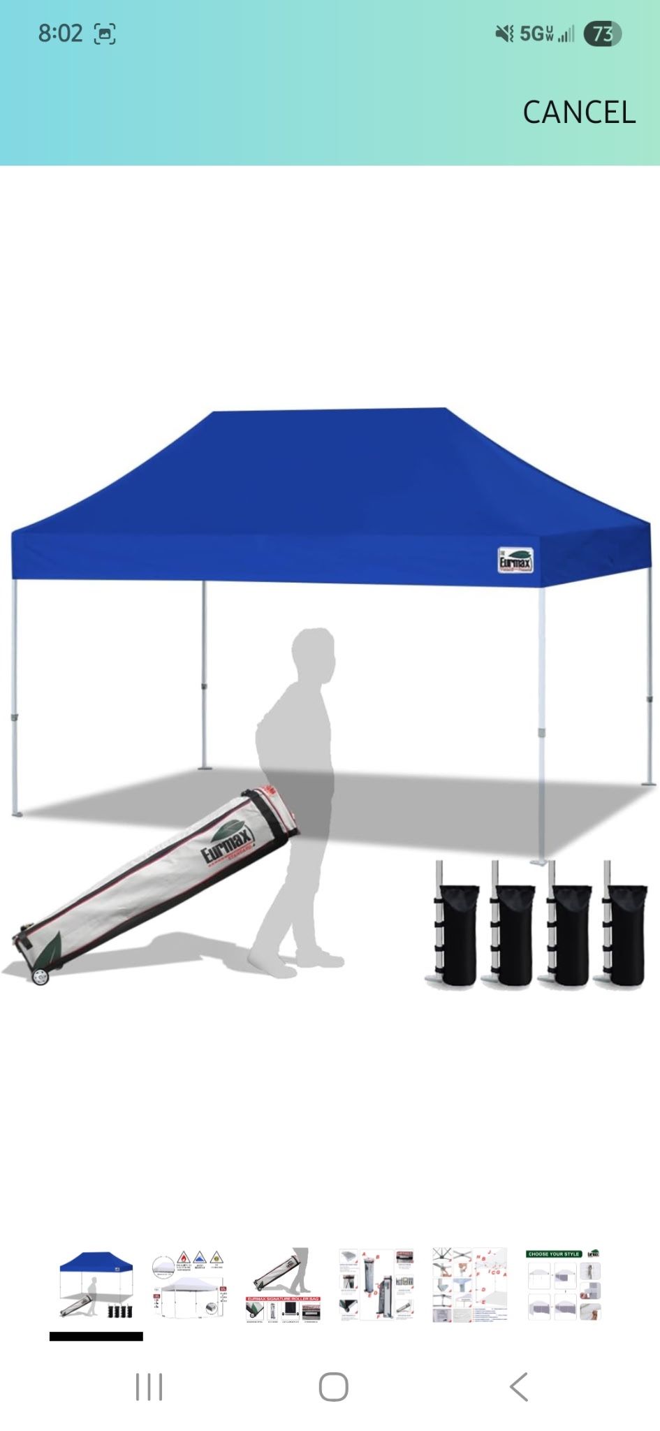 Eurmax USA 10'x15' Pop Up Canopy Tent Commercial Instant Canopies with Heavy Duty Roller Bag,Bonus 4 Sand Weights Bags (Blue) New 225$ Pick up Phoenix