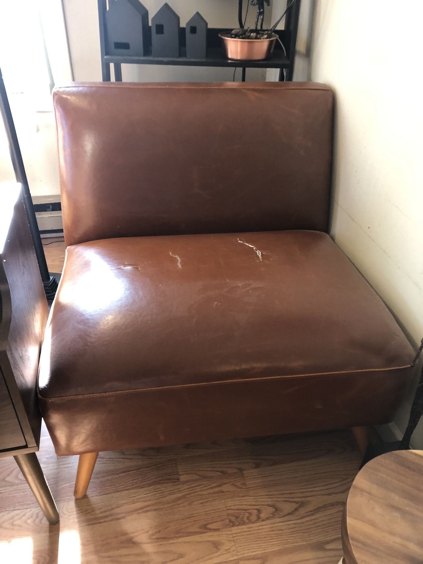 World Market Huxley Cognac Mid Century Armless Leather Chair / A Few Rips On Seat Cover As You Can See In The Pictures
