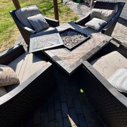Patio Set Wicker Five Pieces Including Fire Table