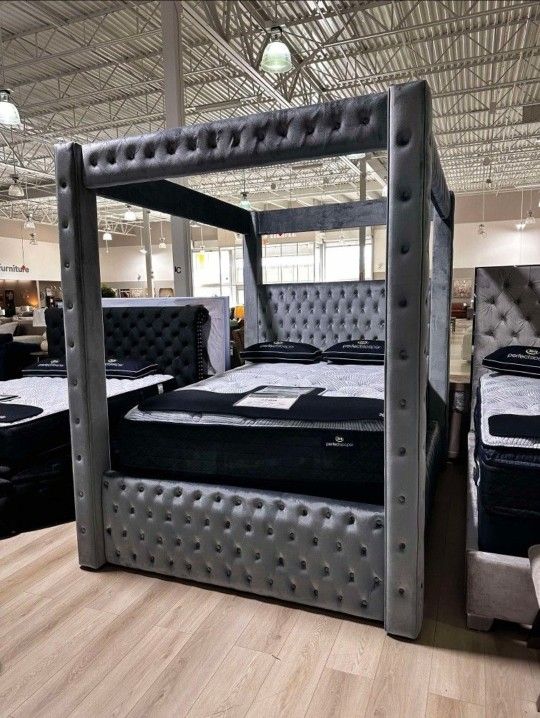 Queen Size Velvet Upholstered Canopy Bed Frame Color Options ⭐$39 Down Payment with Financing ⭐ 90 Days same as cash