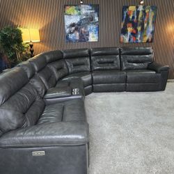 Corry 6-piece Leather Power Reclining Sectional Sofa, Gray