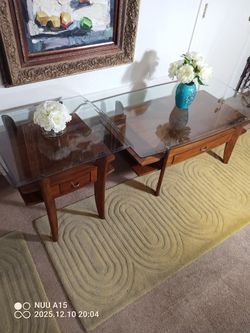 Nice Clean Matching Side And Coffee Tables Wood Frame Glass Top