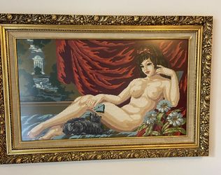 Beautiful Framed Hand Made Tapestry Of Woman Posing