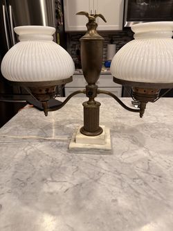 vintage double-arm brass and marble-base student lamp