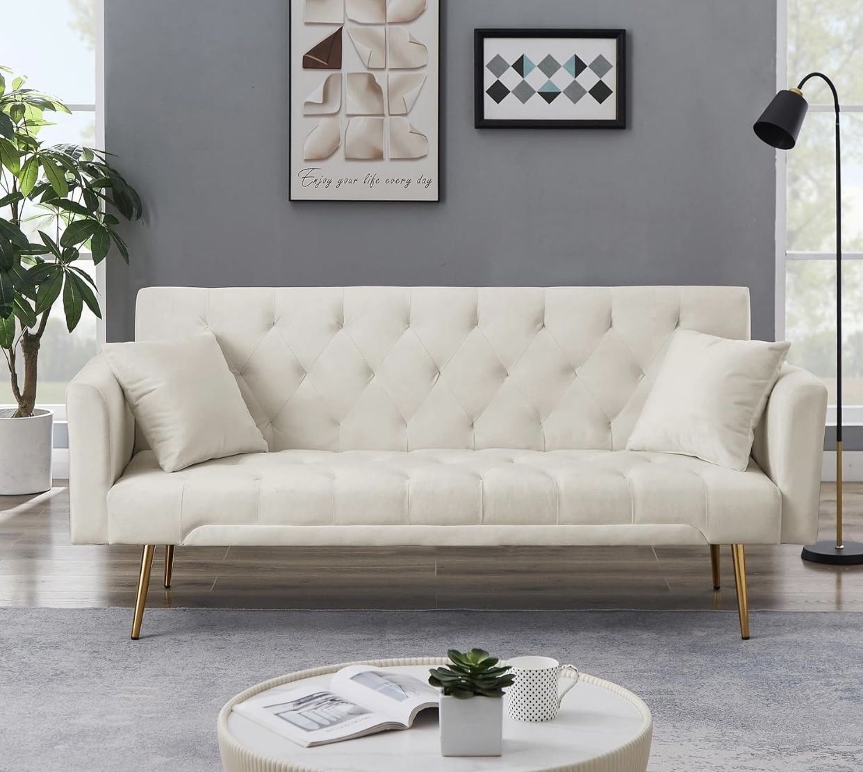 Velvet Futon Sofa Bed with 2 Pillows, Convertible Sleeper Sofa Couch