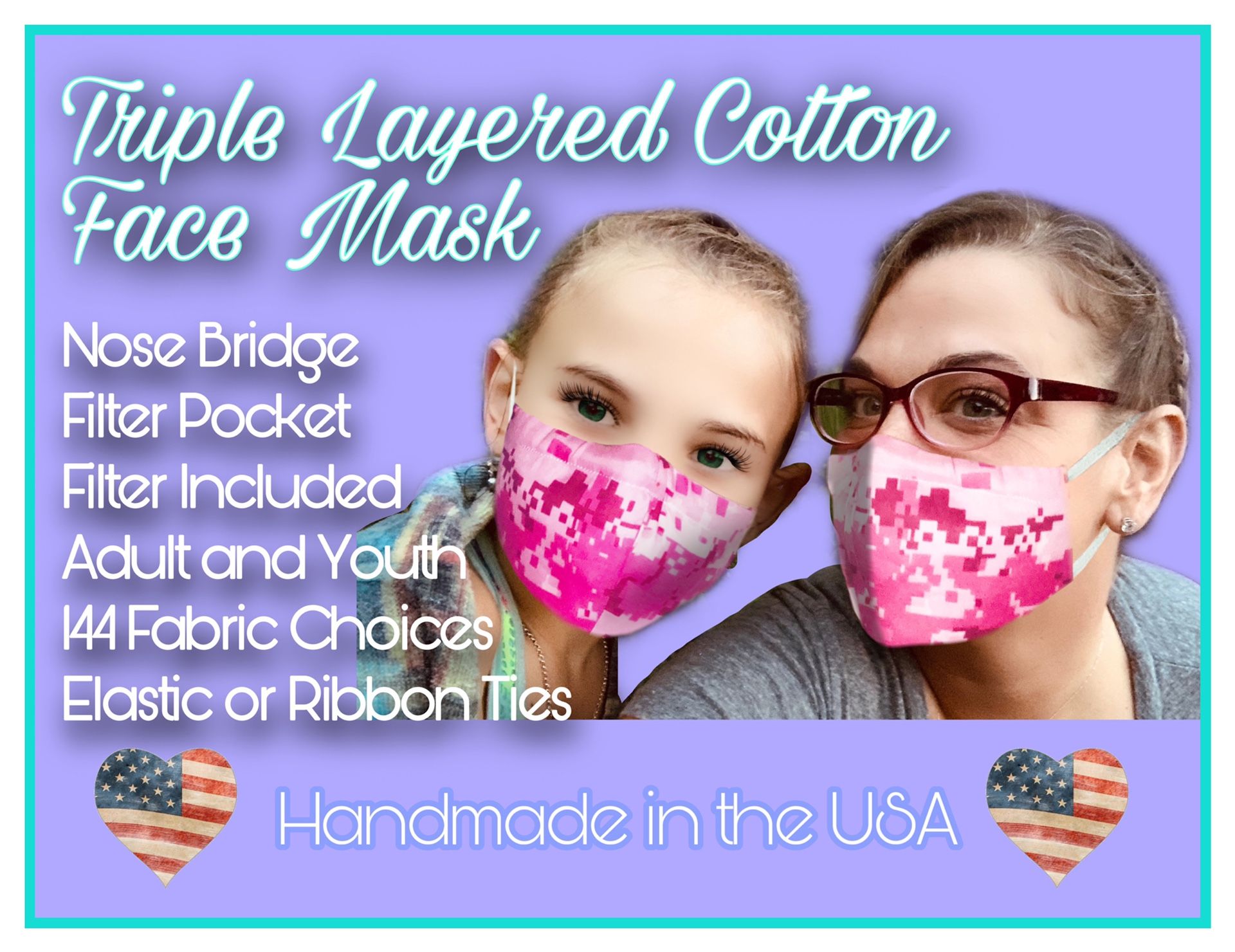 Triple Layered Cotton Face Mask with Nose Bridge and Filter Pocket