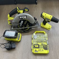 Ryobi Cordless Drill and Circular Saw Set with Battery, Charger, and 40+ Bits 