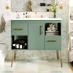 36” Modern Green Bathroom Vanity with Resin Sink & Storage – Gold Legs