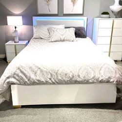 Wood Bedroom Set 3 pcs new light bed white led headboard chest nightstand Bedroom