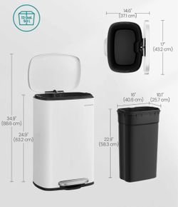 SONGMICS 13 Gallon (50 L) Trash Can Stainless Steel Step-On Pedal - White