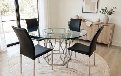 Modern 54" Round Glass Dining Set — Table + 4 Black Leather Chairs (5-Piece)