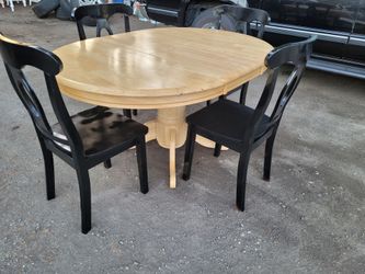 Pedestal Dining Table And 4 Chairs/Black MushroomChairs/Butterfly Leaf/Country/Rustic/Oak wood/Farmhouse/Set/Distressed/Shabby/Light Oak/Heavy Wood/ A