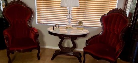 Victorian Style His and Hers Chairs with Marble Top Table