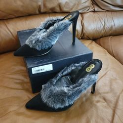 New Italy's Women's 8 Suede Faux Fur Grey Black Heels Size 7