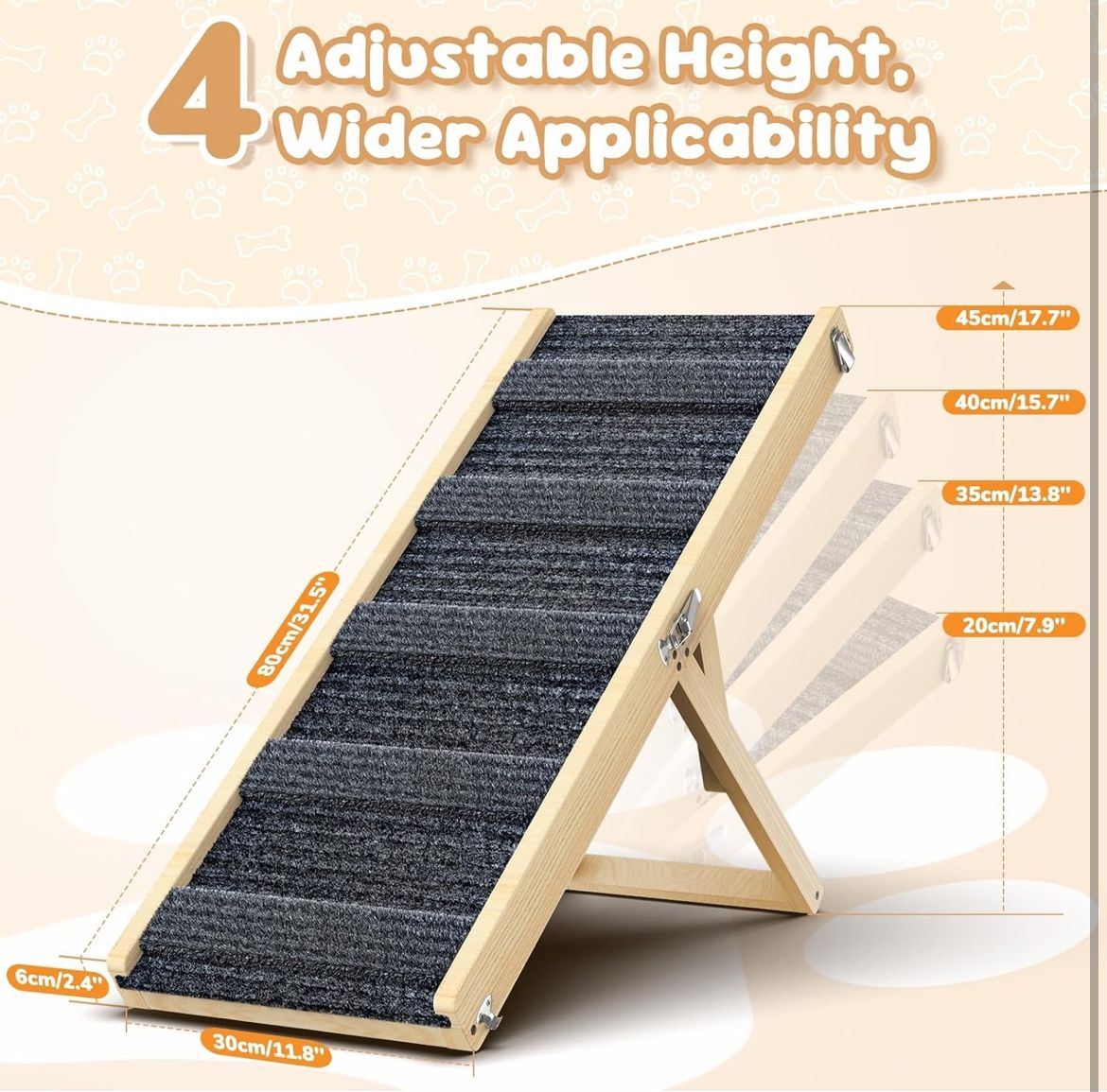 Pawaboo Foldable Dog Ramp, Small Dog Ramp for Couch Low Bed, 4 Adjustable Height from 13'' to 21", Stable Pet Steps with Non-Slip Pad, Portable Pet Ra