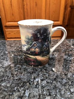 Thomas Kinkade 2002 Joy of the Season August Coffee mug.  “A New Day Dawning”.  Size 4 inches tall.  Brand new never used.  Has been on display in a c