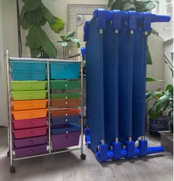 Set of 4 Blue Stackable Toddler Daycare Cots and Rolling Storage Cart with Colorful Drawers