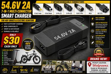 54.6V 2A 7-in-1 Fast Charger for 48V Electric Bikes & Scooters – Multi-Connector Smart Battery Charger