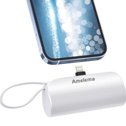 Small Portable Charger for iPhone, 5000mAh Mini Power Bank with Built-in Cable/Metal Stand, Cute Battery Pack Compatible with iPhone 14/14 Plus/Pro Ma