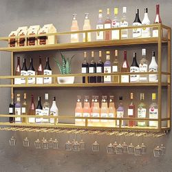 Large 59in Wine Rack With LED Lights Wall Mounted Bottle Glass Holder, 3-Tiers Liquor Floating Shelves 