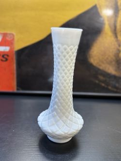 Vintage White Milk Glass Bud Vase Diamond Quilted Pattern 9”
