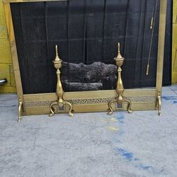 Vintage Mid Century Brass Fireplace Screen W Decorative Pit 38x31h  