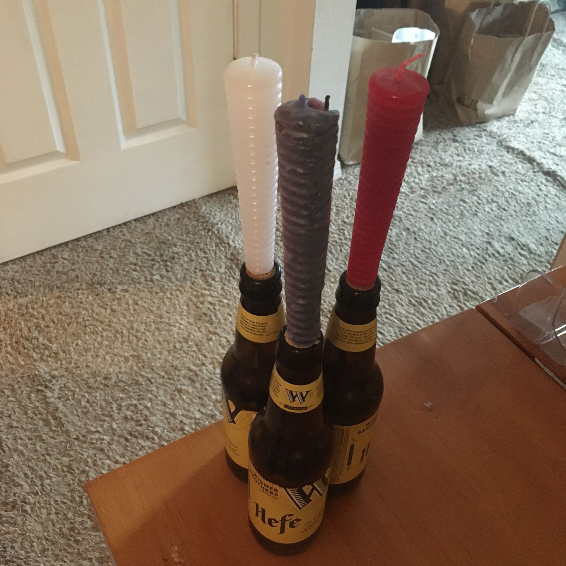 Reusable Beer Bottle Candle Holders With Red, White, Blue Candles