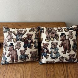 2  Tapestry Bear Pillows 16" square 