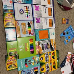 4 Pack Marker 4 Pack Pencils, 5 Pack Color Pencils, One Ball Pens 7 Pack Crayons, And 3 Roller Skills 
