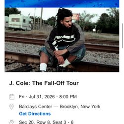 J Cole: The Fall-Off Tour: Friday July 31, 2026 - Section 20 Row 8 Seats 3-6